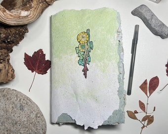 Dandelion Notebook, Wild Flower Fairy Journal, Green Junk Journal, Blank Book, Soft Cover Scrap Book, Hand Made Recycled Paper