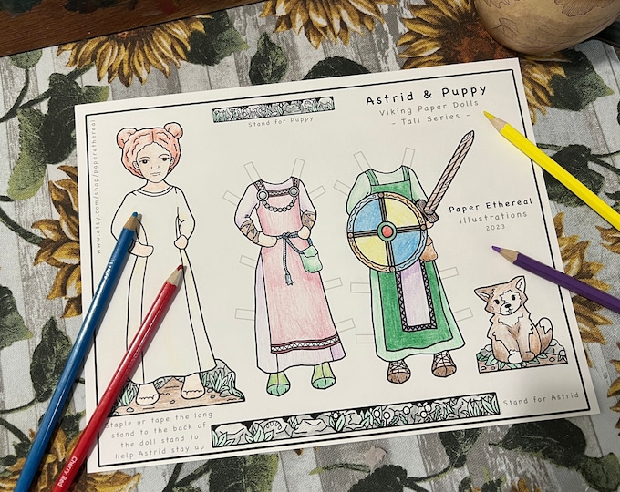 Viking Paper Doll Printable, Astrid and Pet Puppy, Coloring Page, Pretend Play