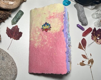 Rainbow Lotus Notebook, Soft Cover Journal, Handmade Paper, Junk Journal, Scrap Book, Recycled