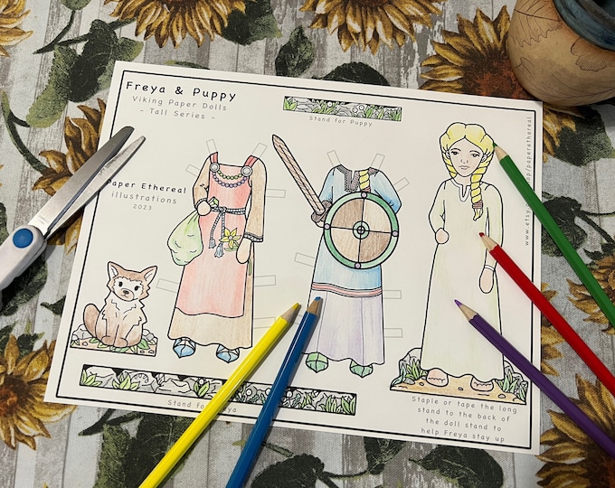 Viking Paper Doll Printable, Freya and Pet Puppy, Coloring Page, Pretend Play