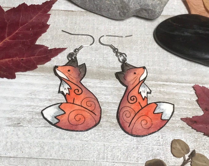 Hand-Painted Red Fox Earrings: Whimsical Watercolor Art