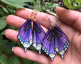 Purple Swallowtail Butterfly Wing Earrings, Wearable Fine Art Painting, Lightweight