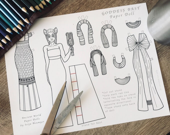 Goddess Bast, Paper Doll, Digital Download, Printable Coloring Page