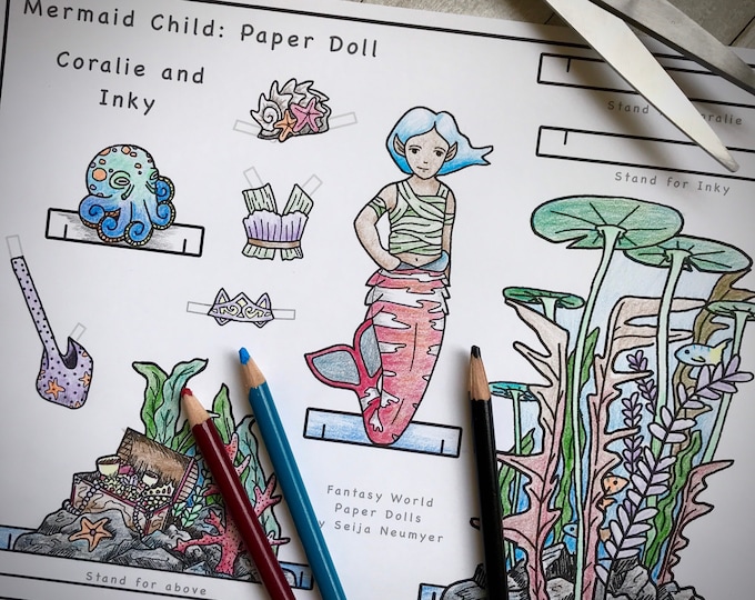 Mermaid Paper Doll, Printable Coloring Page, Digital Download
