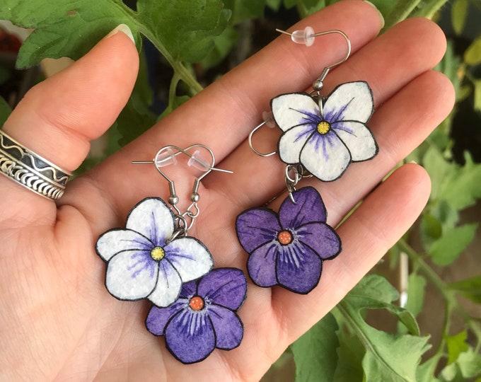 Violet Flowers Earring Set, Double Piercing, Wearable Fine Art Painting, Lightweight