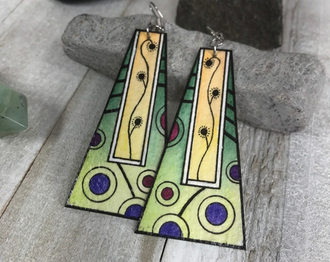 Green Geometric Earrings, Abstract Wearable Modern Art Painting, Oversized, Lightweight