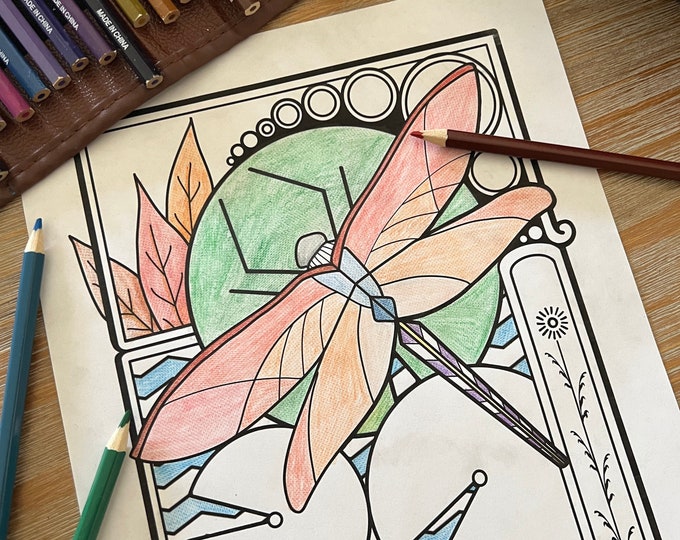 Dragonfly Art Nouveau Coloring Page, Digital Download, Printable