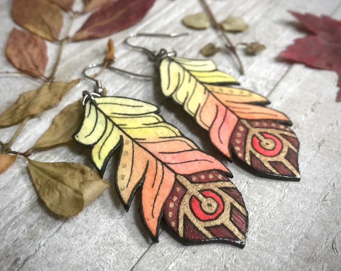 Phoenix Feather Earrings, Wearable Fine Art Painting, Lightweight