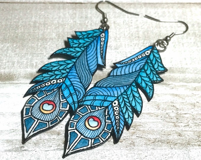Blue Zentangle Peacock Feather Earrings