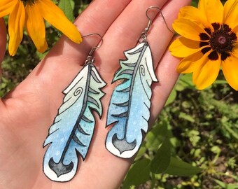 Blue Boho Feather Earrings, Colorful Statement Jewelry, Hand Painted