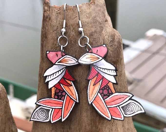 Zentangle Red Fox Earrings, Hand Painted, Lightweight