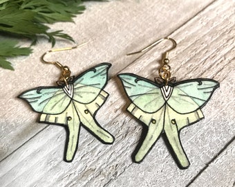 Lunar Moth Earrings, Wearable Fine Art Painting, Spirit Animal, Boho Jewelry, Insect Gift