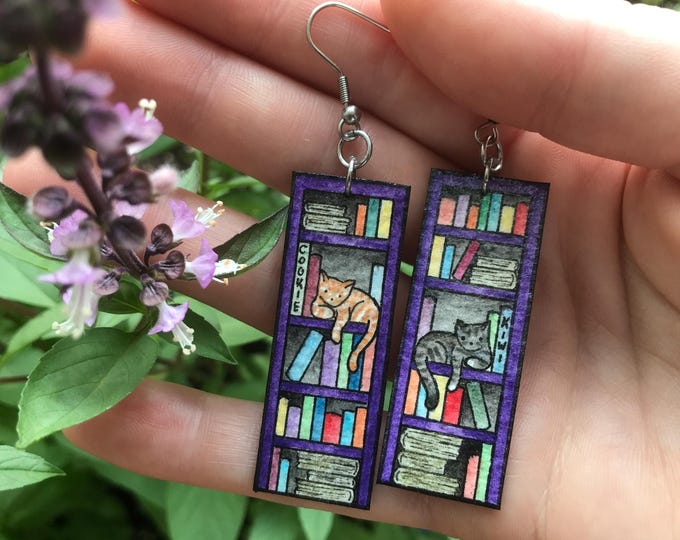 Cat on Bookshelf Earrings, Personalized Pet Memorabilia, Two Cats