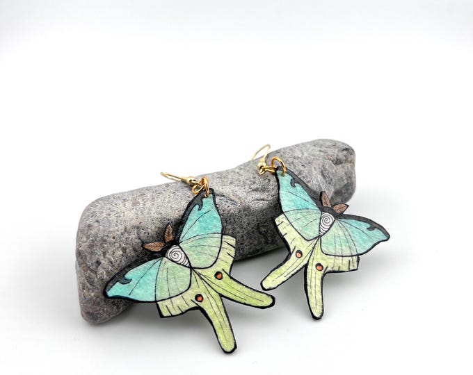 Lunar Moth Earrings, Wearable Fine Art Painting, Spirit Animal, Boho Jewelry, Insect Gift
