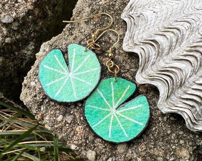 Hand-Painted Lily Pad Earrings: Watercolor Botanical Jewelry