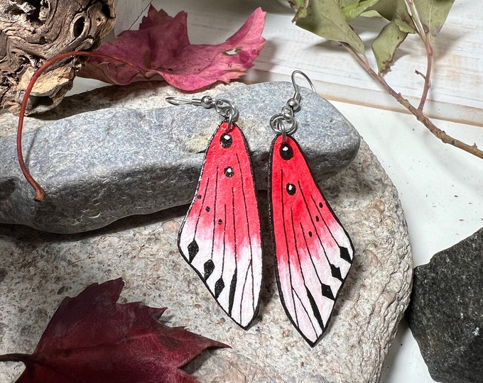 Red & White Butterfly Wing Earrings, Ink and Watercolor on Cotton, Lightweight, Varnished
