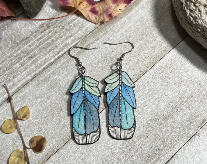Blue Feather Earrings, Wearable Fine Art Painting, Lightweight