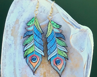 Zentangle Peacock Feather Earrings, Hand Painted, Lightweight