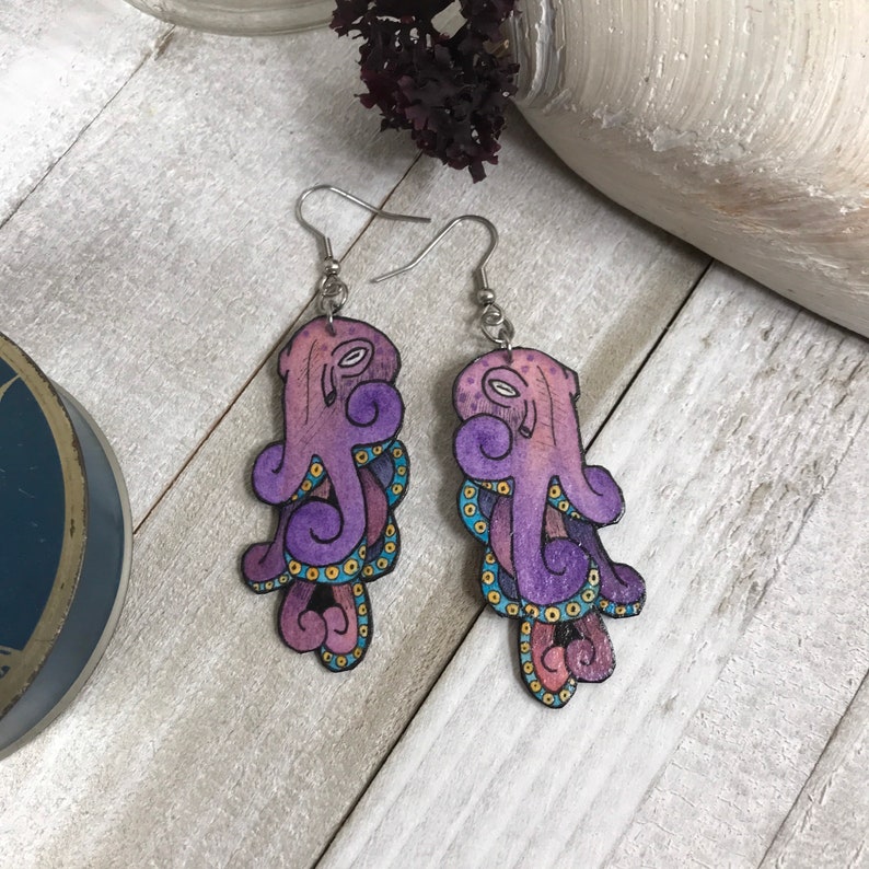 Purple Octopus Earrings Sea Creature Jewelry Hand Painted Watercolor