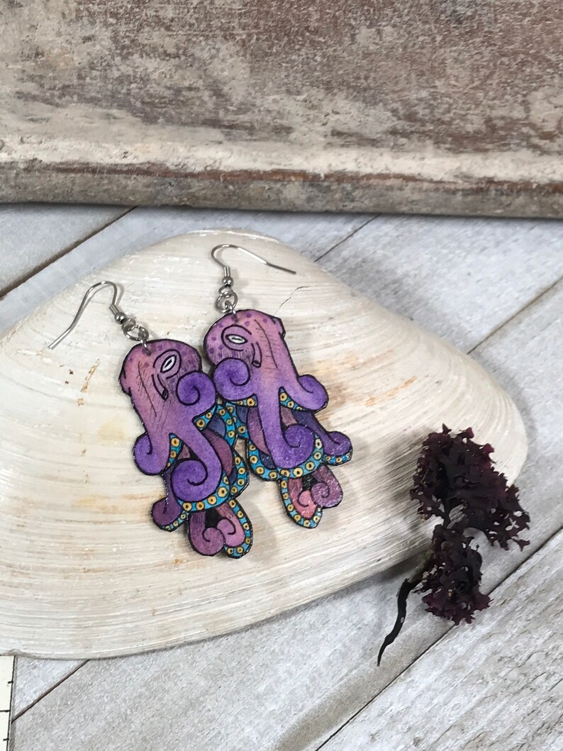 Purple Octopus Earrings Sea Creature Jewelry Hand Painted Watercolor