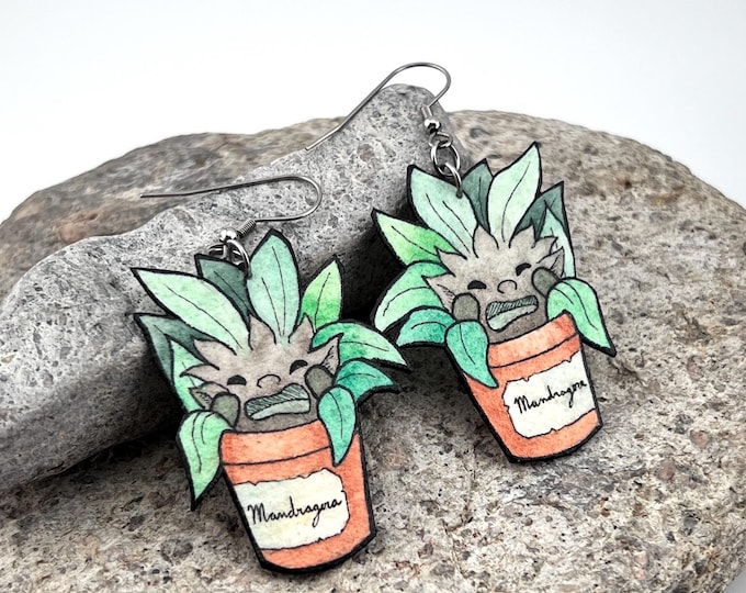 Screaming Mandrake Earrings, Potted Mandragora, Hand Painted, Customizable