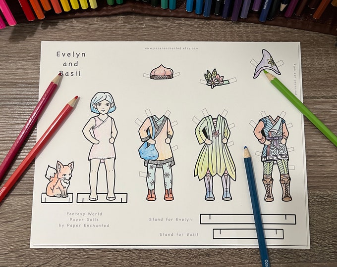 Fantasy Paper Doll Series, Forest Elves, Evelyn and Fox, Digital Download, Printable Coloring Page