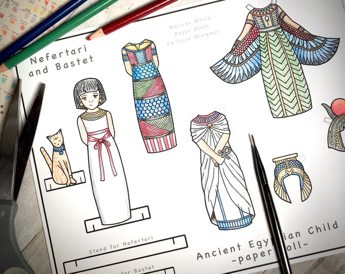 Egyptian Child and Cat Paper Doll, Digital Download, Printable Coloring Page