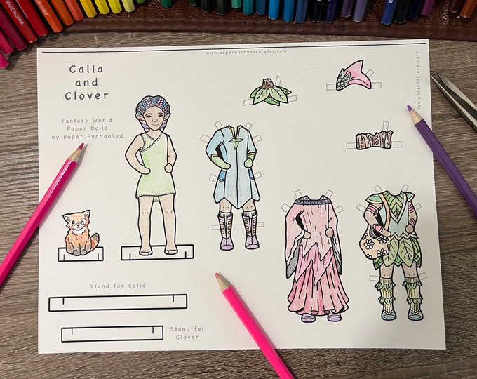 Elf Child Paper Doll with Pet Red Panda, Printable, Digital Download