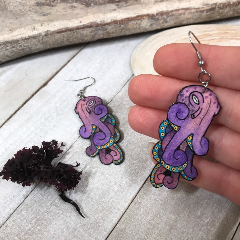 Purple Octopus Earrings Sea Creature Jewelry Hand Painted Watercolor