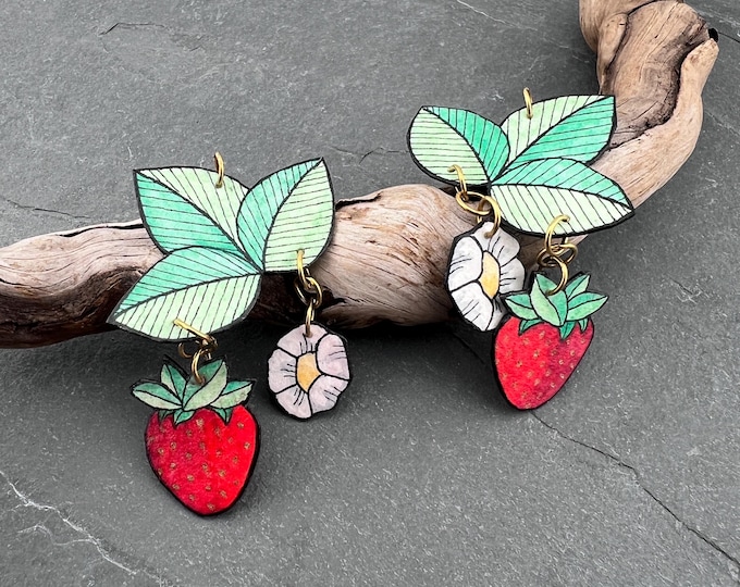 Summer Strawberry Patch Dangle Earrings, Quirky Novelty Gift, Hand Painted, Whimsical Jewelry, Light Weight