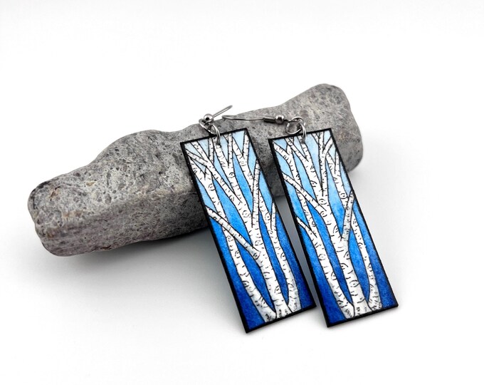 Winter Birch Tree Earrings: Hand-Painted, Watercolor Fine Art Painting, Lightweight
