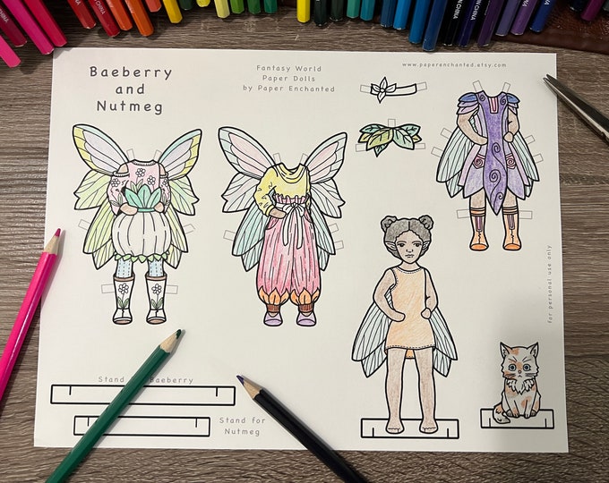Fairy Child Paper Doll with Pet Rabbit, Digital Download, Printable Coloring Page