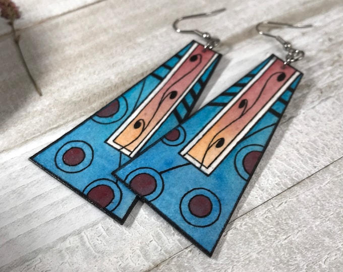 Blue Modern Art Abstract Geometric Earrings, Oversized, Lightweight, Hand Painted