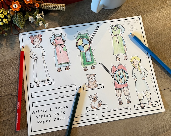 Viking Children Paper Dolls, Sheildmaidens, Coloring Page, Printable, Digital Download