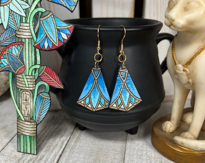Blue Lotus Flower Earrings, Wearable Fine Art Painting, Egyptian Revival Jewelry