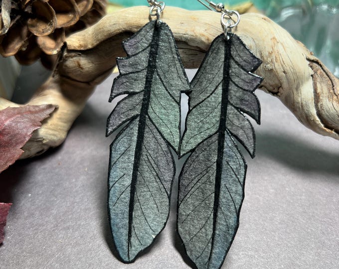 Large Raven Feather Earrings, Hand Painted, Lightweight