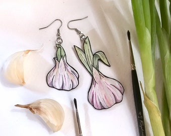 Purple Garlic Bulb Earrings, Wearable Fine Art Painting, Lightweight