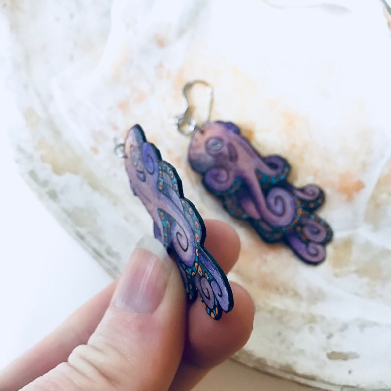 Purple Octopus Earrings Sea Creature Jewelry Hand Painted Watercolor