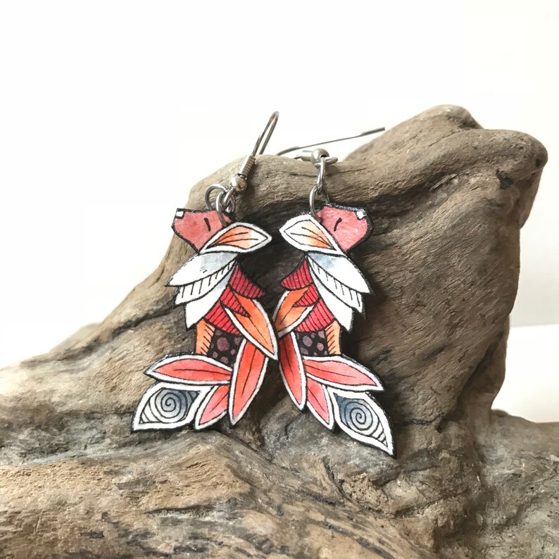 Hand Painted Zentangle Red Fox Earrings Fox Jewelry