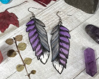 Purple Raven Feather Earrings, Hand Painted, Lightweight