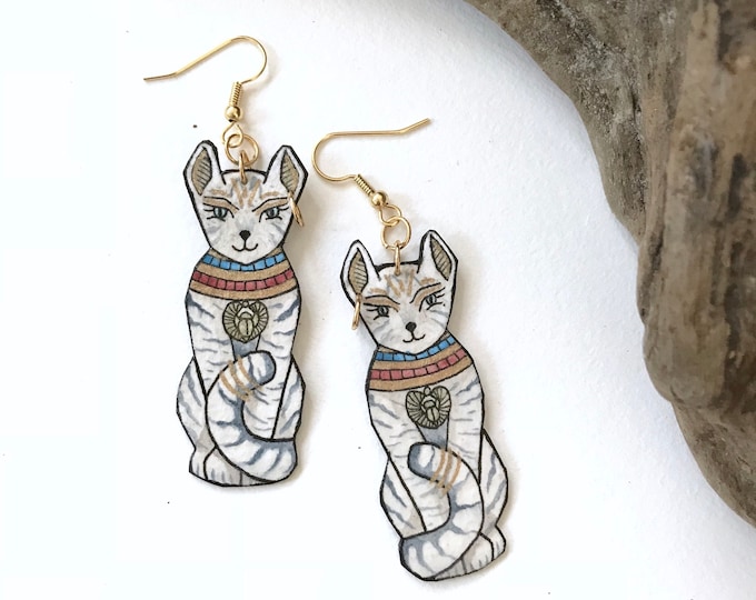 Egyptian Revival Cat Earrings Bastet Mau Statue Hand Painted