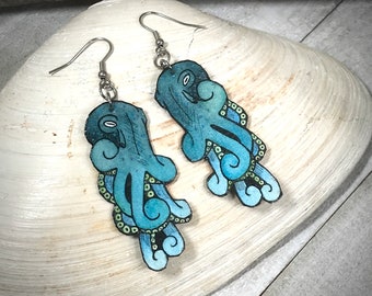 Large Teal Blue Octopus Earrings, Wearable Fine Art Painting, Sea Gift Jewelry