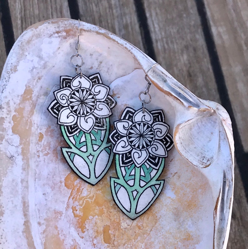 Black And White Flower Earrings Art Nouveau Gift Jewelry For Woman Hand Painted Watercolor Art Black And White Flower Earrings Art Nouveau Gift Jewelry For Woman Hand Painted Watercolor Art