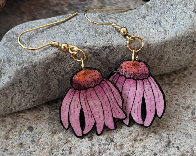 Hand-Painted Echinacea Flower Earrings: Botanical Art Jewelry