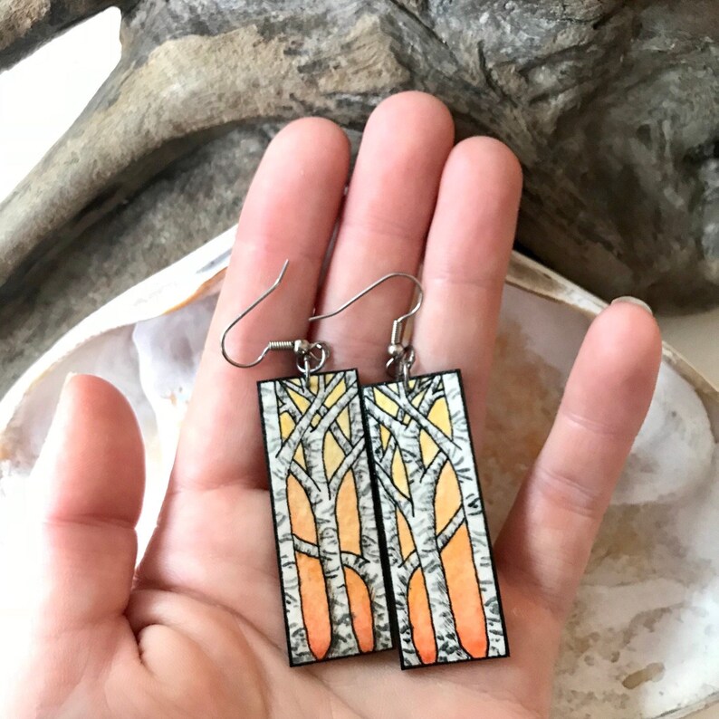 Hand Painted Orange Birch Tree Earrings Autumn Botanical Gift