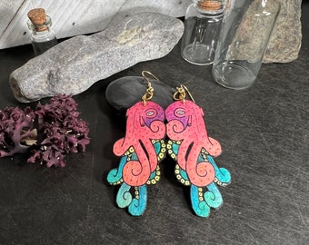 Pink Octopus Earrings, Wearable Fine Art Painting, Lightweight