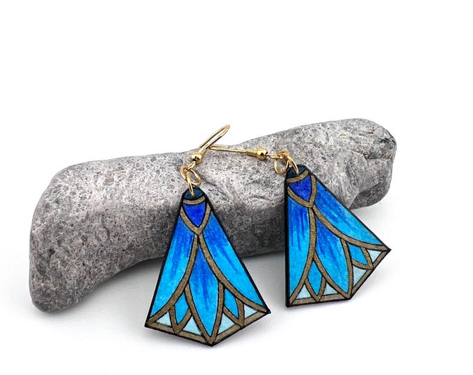 Blue Lotus Flower Earrings, Wearable Fine Art Painting, Egyptian Revival Jewelry
