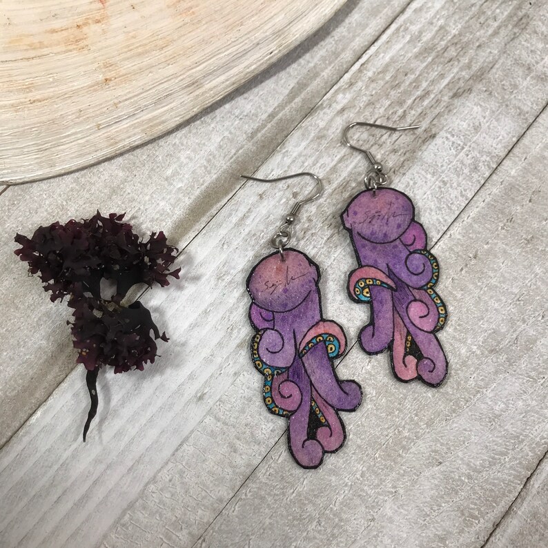 Purple Octopus Earrings Sea Creature Jewelry Hand Painted Watercolor