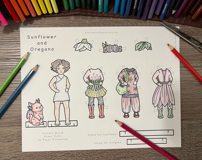 Fantasy Paper Doll Series, Forest Elves, Elf Child and Pet Dragon, Printable, Digital Download
