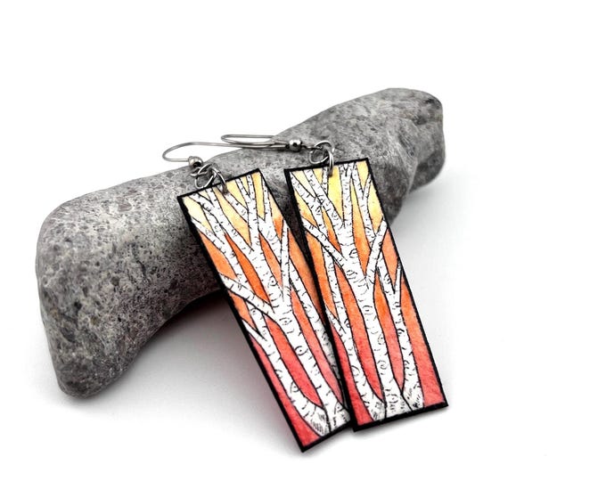 Autum Birch Tree Earrings, Wearable Fine Art Painting, Lightweight